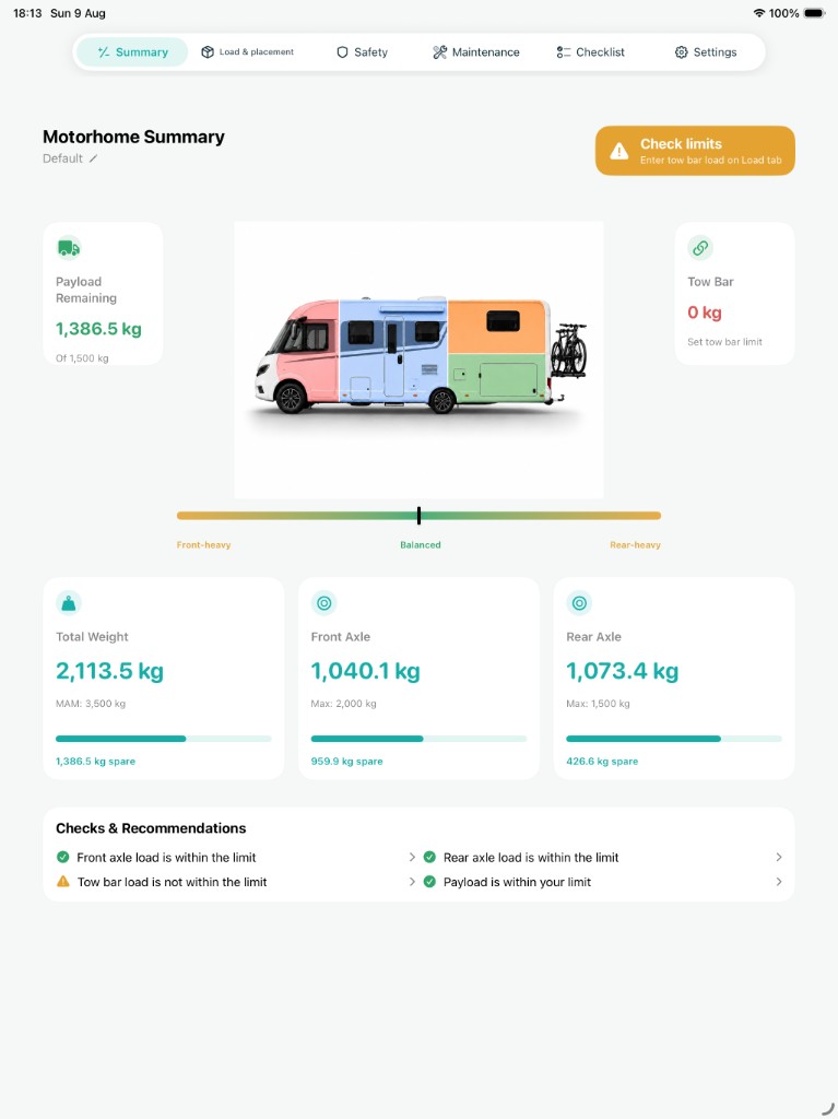 Motorhome summary screen on iPad